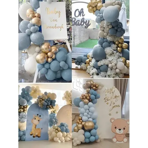 Decor arcadă baloane baby shower gri bej auriu cu masă candy bar