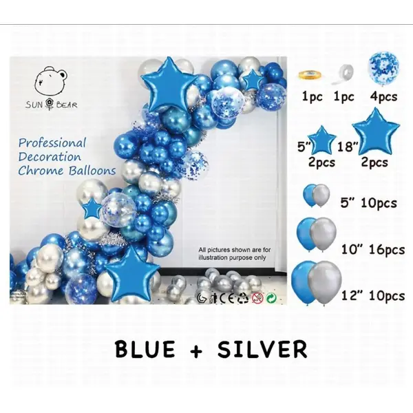 Set Arcadă Baloane Aniversare 46 Piese Albastru și Argintiu