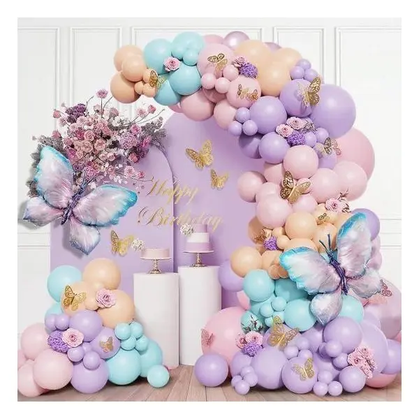 Arcadă baloane pastel cu fluturi mari decorativi pentru aniversare