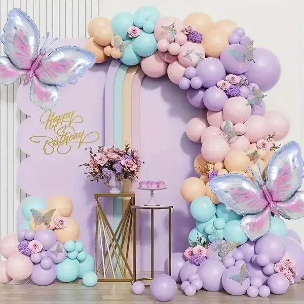 Set arcadă baloane aniversare pastel cu fluturași decorativi