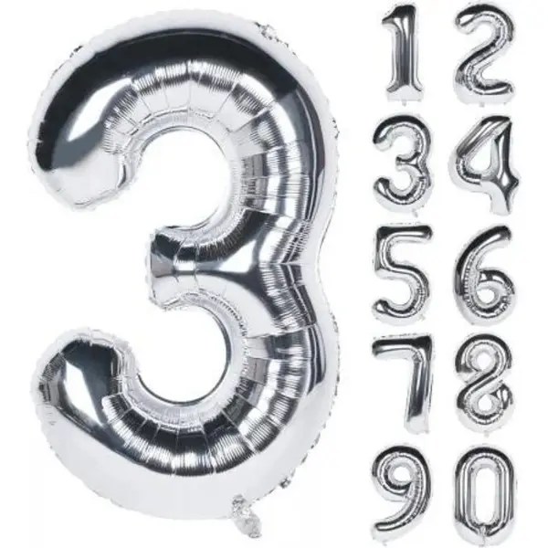 Balon Cifră 3 din Folie, 68 × 53 cm, Argintiu