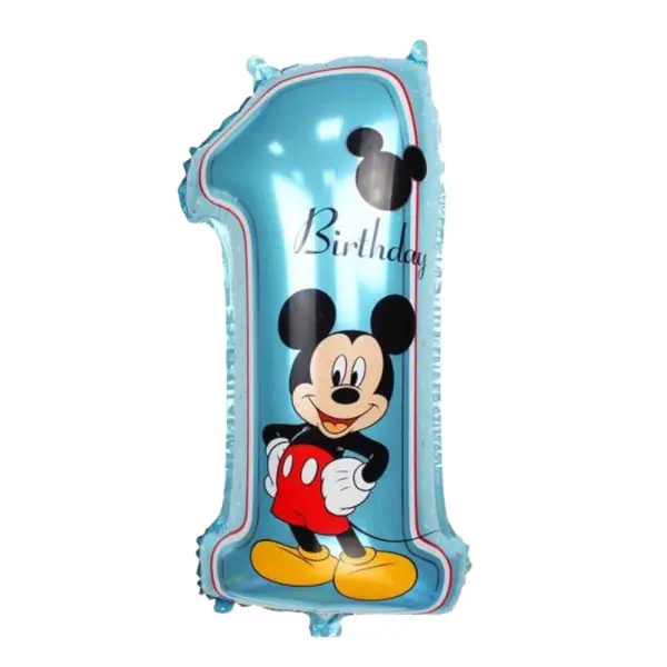 Balon din Folie Metalizată, Model Cifra 1 cu Mickey Mouse Birthday, Albastru, 70 x 35 cm