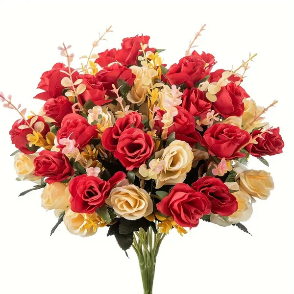 Buchet de Trandafiri Artificiali cu 5 Capete, Mix de Culori Crem-Roșu, Înălțime 35 cm