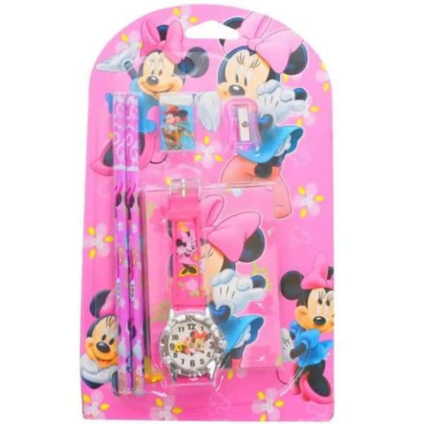 Set Cadou pentru Copii, 6 Piese: Ceas de Mână Analogic, Caiet, 2 Creioane, Ascuțitoare și Gumă de Șters, Diverse Modele