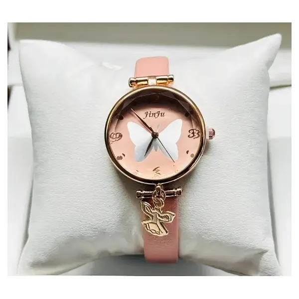 Ceas damă cu curea din piele roz și fluture decorativ
