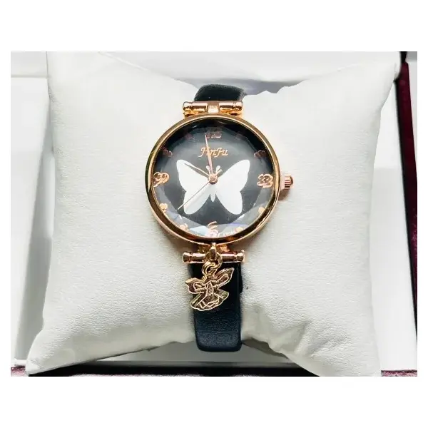 Ceas damă cu curea din piele neagră și pandantiv fluture