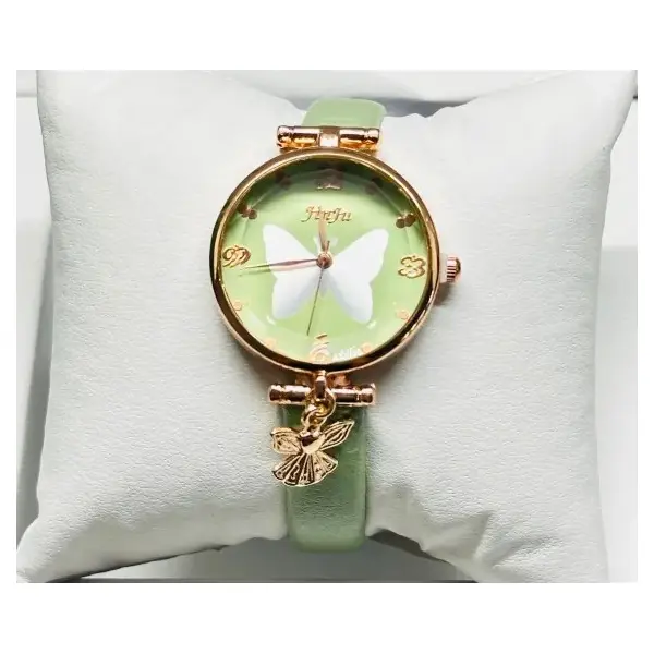 Ceas damă cu curea din piele verde și fluture pe cadran