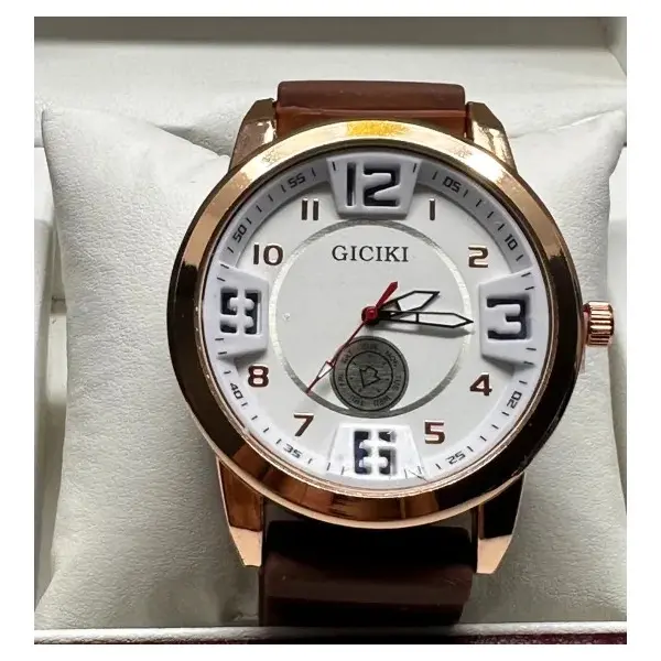 Ceas bărbat cu curea din silicon maro și cadran alb