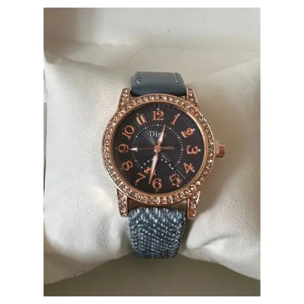 Ceas damă cu curea din piele albastră și carcasă rose gold