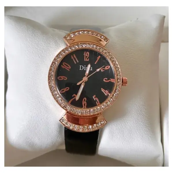 Ceas damă cu curea neagră din piele și finisaj auriu rose