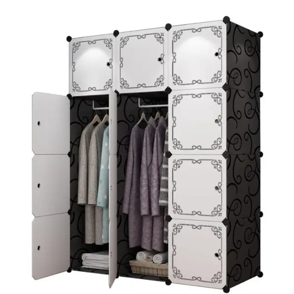 Dulap Modular de Depozitare pentru Cameră, Polipropilenă, Alb cu Imprimeu Geometric, 6 Compartimente + 2 Zone Umerașe, 111 x 47 x 147 cm