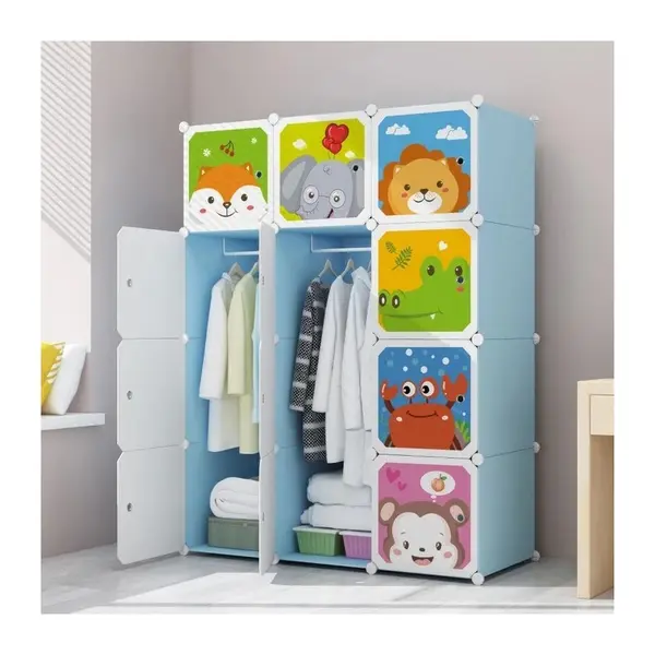 Dulap Modular de Depozitare pentru Copii, Polipropilenă, 6 Compartimente + 2 Zone Umerașe, Albastru, 111 x 37 x 148 cm