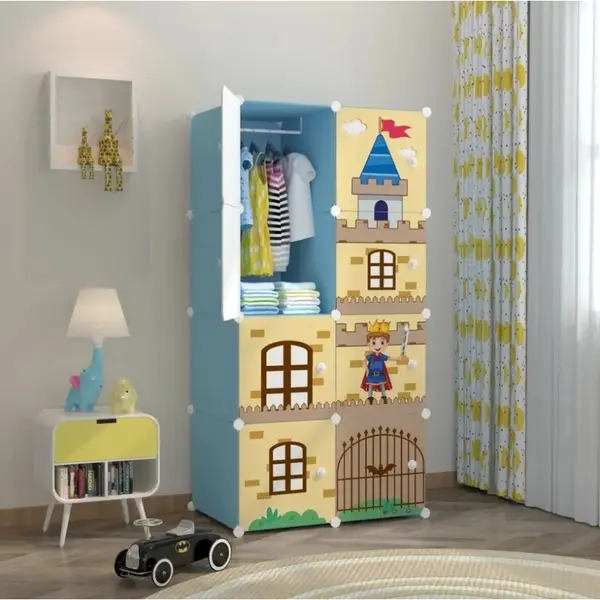 Dulap Modular de Depozitare pentru Copii, Polipropilenă, Model Castel, 6 Compartimente + 1 Zonă Umerașe, 75 x 47 x 147 cm