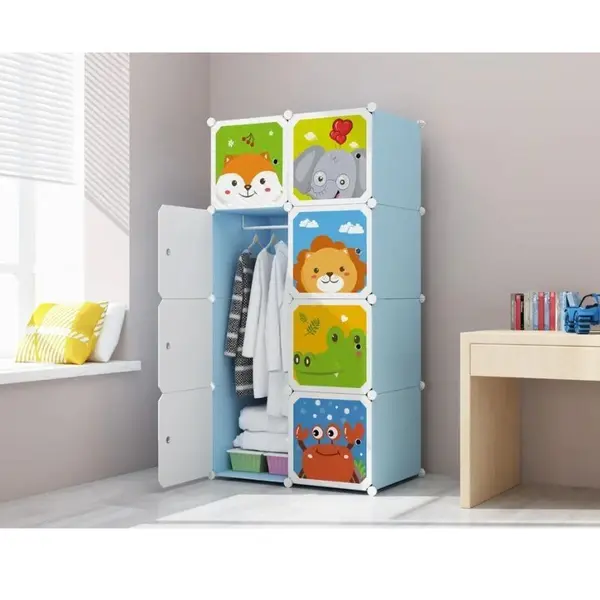 Dulap Modular de Depozitare pentru Copii, Polipropilenă, 5 Compartimente + 1 Zonă Umerașe, Albastru, 111 x 37 x 147 cm