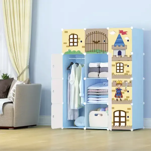 Dulap Modular pentru Copii din Polipropilenă, Model Castel, 6 Compartimente + 2 Zone Umerașe, Albastru, 111 x 37 x 147 cm