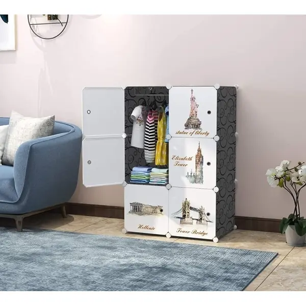 Dulap Modular de Depozitare din Polipropilenă, Imprimeu Paris, 4 Compartimente + 1 Zonă Umerașe, 70 x 36 x 105 cm