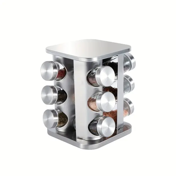 Set 12 recipiente pentru condimente cu suport rotativ din inox și sticlă