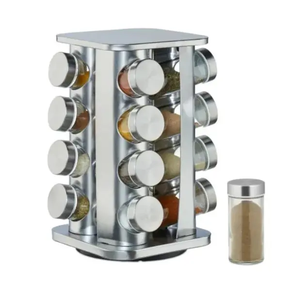 Set 16 recipiente pentru condimente cu suport rotativ, din inox