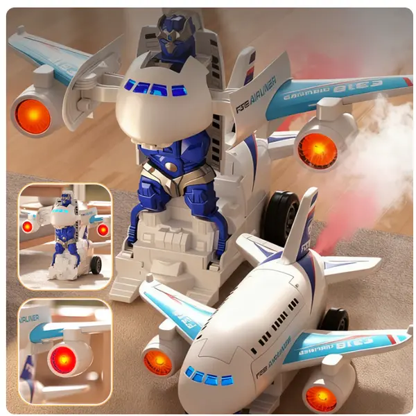 Avion Transformer Muzical cu Lumini LED și Mișcare Bump-and-Go, Jucărie Interactivă pentru Copii