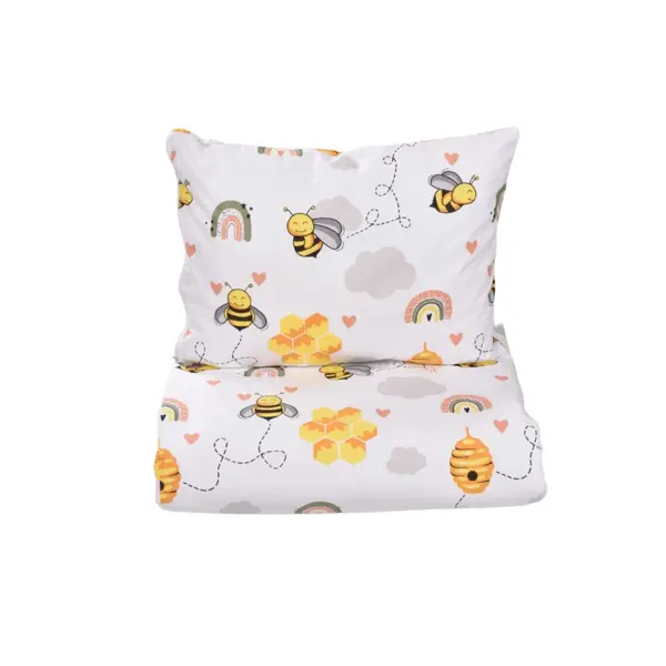 Set Complet Lenjerie 5 Piese pentru Pătuț Stivuibil – Bumbac 100%, Model Albinuțe