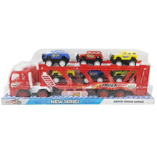 Set Transportor Auto „Mega Hauler” – Tir Platformă cu etaj și 6 mașinuțe de cursă incluse