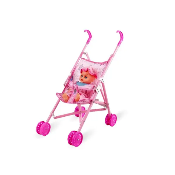 Set Complet „Prima Plimbare” – Cărucior Ergonomic din Plastic și Păpușă Bebeluș Inclusă