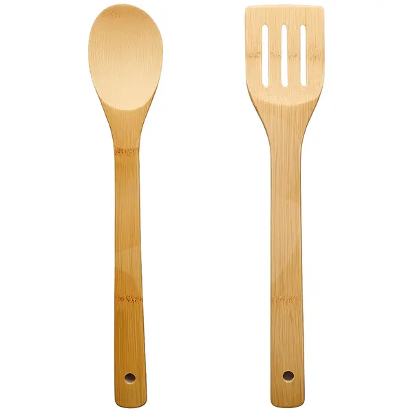 Set Ustensile de Bucătărie din Bambus Natural, Lingură și Paletă cu Fante, 30 cm