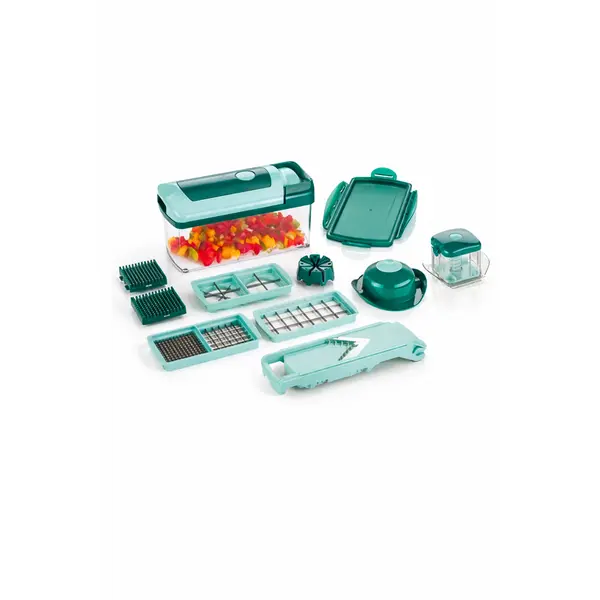 Set Multifuncțional Răzătoare și Feliator Nicer Dicer Plus, Model 12 Accesorii, Tăiere Cuburi/Felii/Julienne, Recipient Inclus