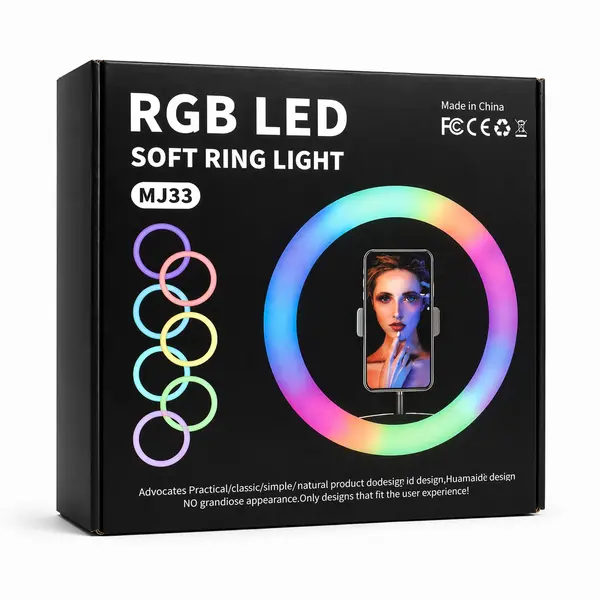 Lampă Ring Light RGB LED MJ33 USB, Model Soft Ring Light, Diametru 26 cm, cu Suport Telefon Inclus