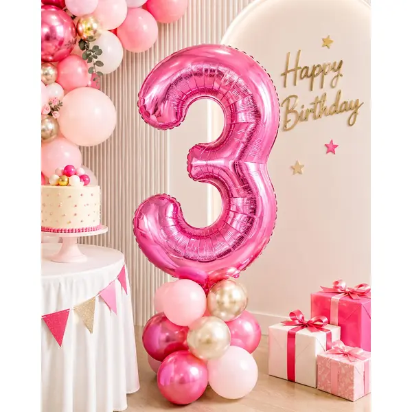 Balon din folie de aluminiu, Cifra 3, Roz metalizat, înălțime 81 cm (32 inch)
