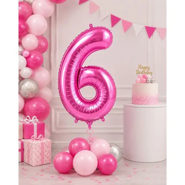 Balon din folie de aluminiu, Cifra 6, Roz metalizat, înălțime 81 cm (32 inch)