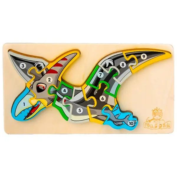 Puzzle Clasic din Lemn pentru Copii, Model Dino 5 cu Cifre de la 1 la 10, Joc Educativ și Logico-Matematic