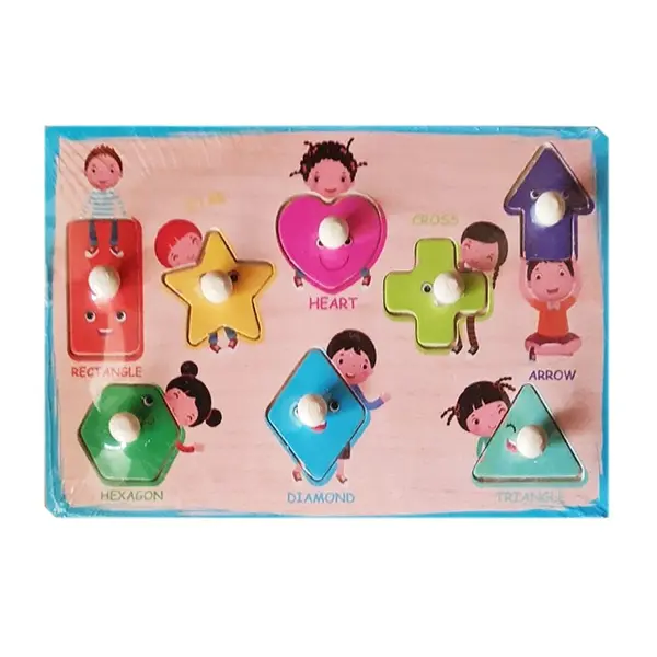 Puzzle din Lemn Încastru cu Pioneze, Model Forme Geometrice Multicolore, Joc Educativ Montessori