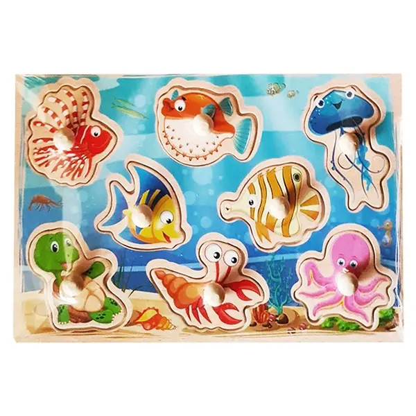 Puzzle din Lemn Încastru cu Pioneze, Model Peștișorii și Creaturi Marine Vesel Colorate, Joc Educativ pentru Copii