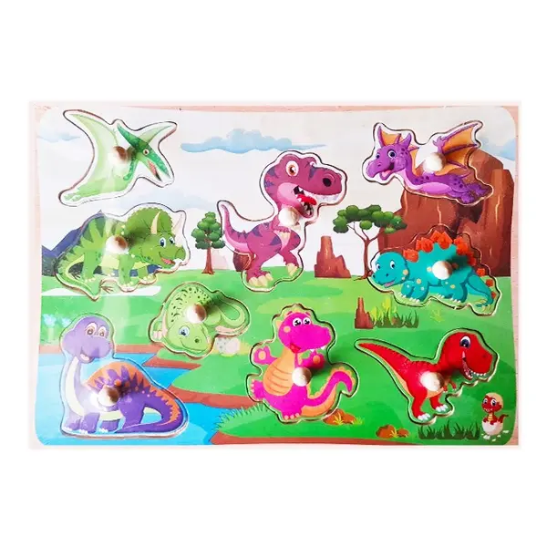 Puzzle din Lemn Încastru cu Pioneze, Model Prieteni Dinozauri Preistorici, Joc Educativ pentru Copii