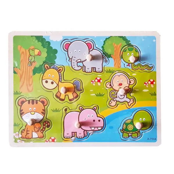 Puzzle din Lemn Încastru cu Pioneze, Model Savana și Animale Sălbatice, Joc Educativ pentru Copii