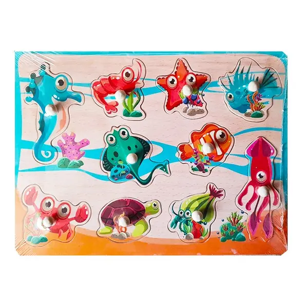 Puzzle din Lemn Încastru cu Pioneze, Model Sea Creatures și Creaturi Marine, Joc Educativ pentru Copii