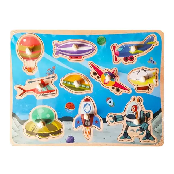 Puzzle din Lemn Încastru cu Pioneze, Model Space Travel și Vehicule Spațiale, Joc Educativ pentru Copii