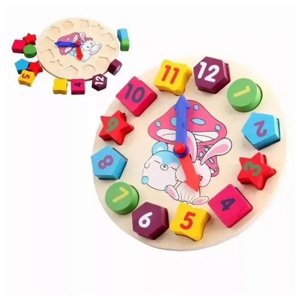 Ceas Educativ din Lemn tip Puzzle Montessori, Joc de Sortare cu Forme Geometrice și Învățarea Orelor