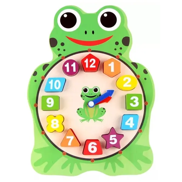 Ceas tip Puzzle din Lemn cu Forme Geometrice, Model Broscuță Veselă, Joc Educativ Montessori