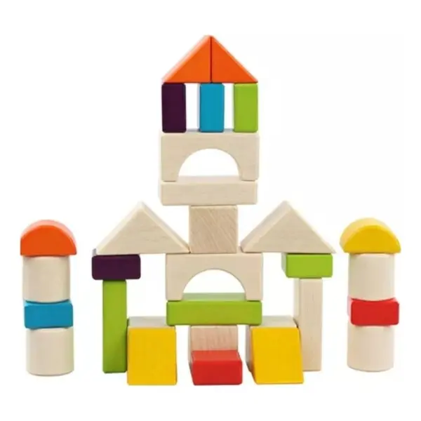 Joc de Construit din Lemn tip Montessori, Set Educativ cu 30 de Piese Geometrice Multicolore