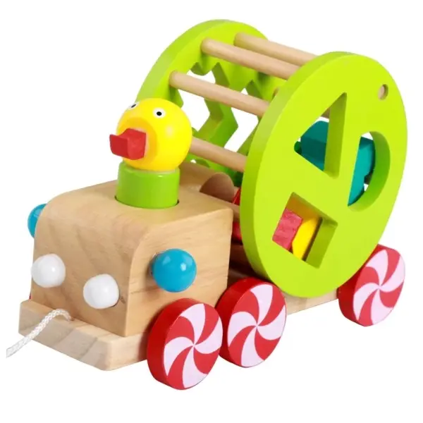 Jucărie din Lemn de Tras pentru Bebelusi, Model Rățușcă Adorabilă cu Sortator de Forme Geometrice