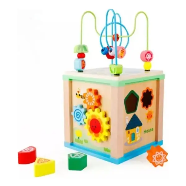 Cub Educativ din Lemn 5 în 1, tip Montessori, cu Labirint 3D, Tabliță Magnetică și Tangram