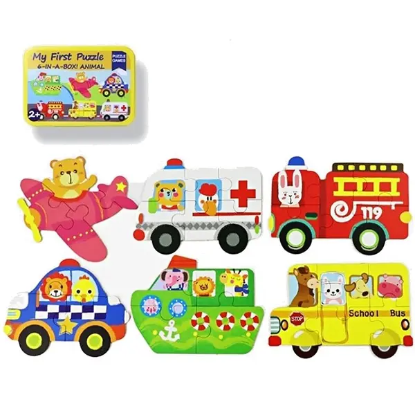 Set 6 Puzzle-uri din Lemn pentru Bebeluși, Modele Vehicule și Transport în Cutie Metalică
