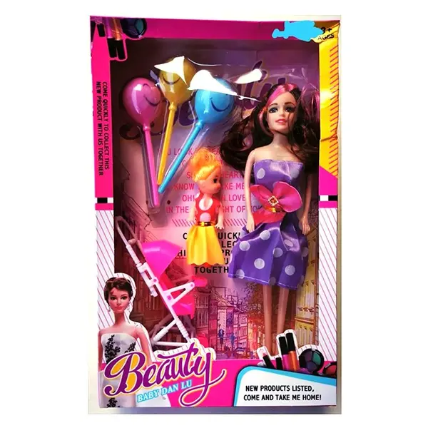 Set Păpuși Mami și Fiică cu Accesorii Landou și Baloane, Model Diana