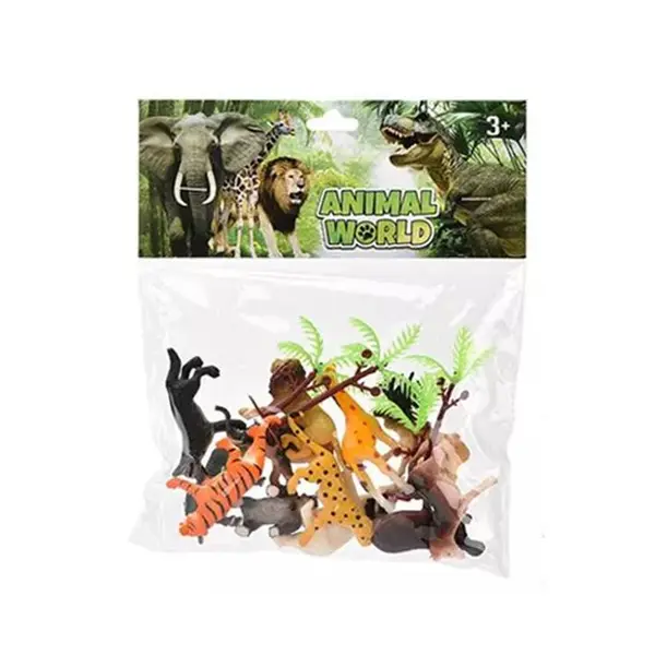 Set Figurine Animale din Junglă, din Plastic, cu Vegetație și Copaci în Miniatură
