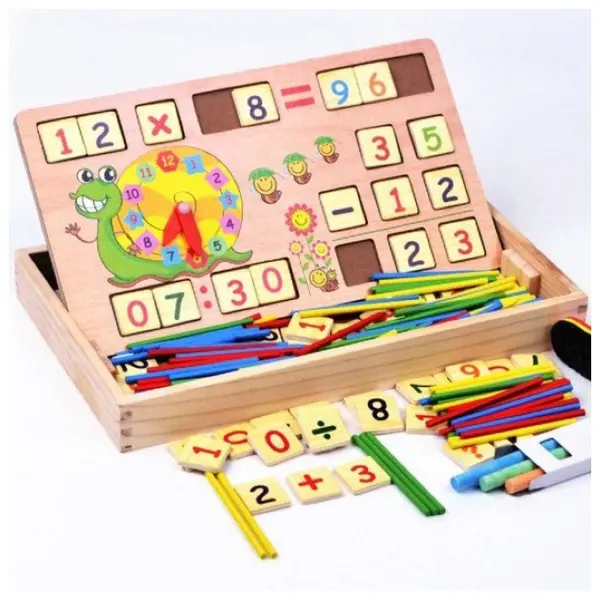 Set de Învățare Multifuncțional din Lemn tip Montessori, cu Ceas, Alfabet, Cifre și Coloane pentru Numărat