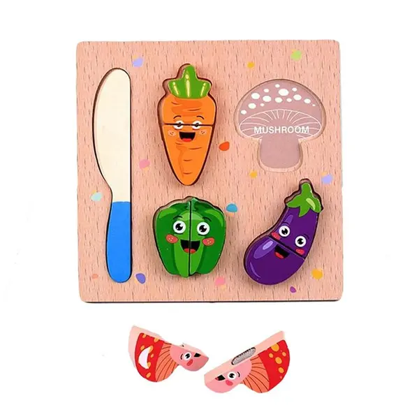 Set Educativ din Lemn, Puzzle cu Legume de Tăiat cu Scai și Cuțit, 9 Piese Multicolore