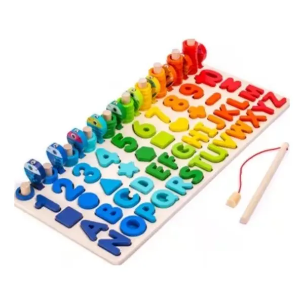 Tablă Montessori din Lemn, Joc Educativ cu Cifre, Forme Geometrice și Pescuit Magnetic