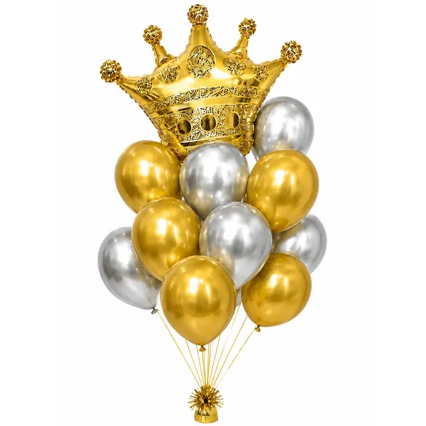Set Baloane Party King/Queen - Coroană Aurie și Baloane Metalice